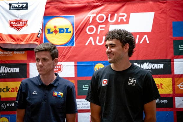 30.06.2026, Cafe Landmann, Wien, AUT, Lidl Tour of Austria 2026, PK Wien, im Bild Patrick Konrad, Team Lidl - Trek, und Tim Wafler, Team Storck - MRW Bau, Patrick Konrad, Team Lidl - Trek, und Tim Wafler, Team Storck - MRW Bau during the regional press conference, PK, Pressekonferenz in Vienna ahead of the 2026 Lidl Tour of Austria. Cafe Landmann in Wien, Austria on. Foto:Eibner-Pressefoto Bruns Wien *** June 30, 2026, Cafe Landmann, Vienna, Austria, Lidl Tour of Austria 2026, Vienna Press Conference, pictured: Patrick Konrad, Team Lidl Trek, and Tim Wafler, Team Storck MRW Bau, Patrick Konrad, Team Lidl Trek, and Tim Wafler, Team Storck MRW Bau, during the regional press conference in Vienna ahead of the 2026 Lidl Tour of Austria at Cafe Landmann in Vienna, Austria. Photo: Eibner, press photo by Bruns, Vienna  EP_EER