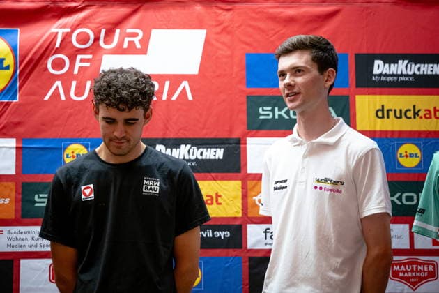 30.06.2026, Cafe Landmann, Wien, AUT, Lidl Tour of Austria 2026, PK Wien, im Bild Tim Wafler, Team Storck - MRW Bau, und Philipp Hofbauer, Team Vorarlberg, Tim Wafler, Team Storck - MRW Bau, und Philipp Hofbauer, Team Vorarlberg during the regional press conference, PK, Pressekonferenz in Vienna ahead of the 2026 Lidl Tour of Austria. Cafe Landmann in Wien, Austria on. Foto:Eibner-Pressefoto Bruns Wien *** June 30, 2026, Cafe Landmann, Vienna, Austria, Lidl Tour of Austria 2026, Vienna Press Conference, pictured: Tim Wafler, Team Storck MRW Bau, and Philipp Hofbauer, Team Vorarlberg, Tim Wafler, Team Storck MRW Bau, and Philipp Hofbauer, Team Vorarlberg, during the regional press conference in Vienna ahead of the 2026 Lidl Tour of Austria at Cafe Landmann in Vienna, Austria. Photo: Eibner, press photo by Bruns, Vienna  EP_EER