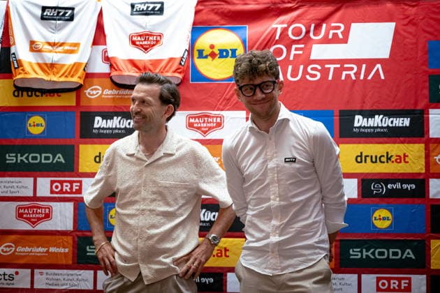 30.06.2026, Cafe Landmann, Wien, AUT, Lidl Tour of Austria 2026, PK Wien, im Bild RenÃ Haselbacher und Matthias Krizek, Team RH77, RenÃ Haselbacher und Matthias Krizek, Team RH77 during the regional press conference, PK, Pressekonferenz in Vienna ahead of the 2026 Lidl Tour of Austria. Cafe Landmann in Wien, Austria on. Foto:Eibner-Pressefoto Bruns Wien *** June 30, 2026, Cafe Landmann, Vienna, Austria, Lidl Tour of Austria 2026, Press Conference in Vienna, pictured: René Haselbacher and Matthias Krizek, Team RH77, René Haselbacher and Matthias Krizek, Team RH77, during the regional press conference in Vienna ahead of the 2026 Lidl Tour of Austria at Cafe Landmann in Vienna, Austria. Photo: Eibner, Press Photo: Bruns, Vienna  EP_EER