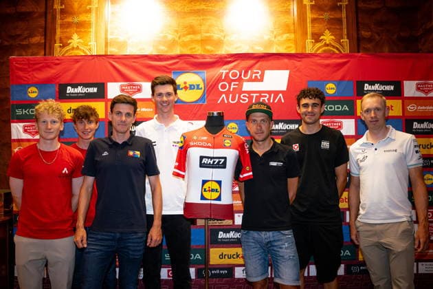 30.06.2026, Cafe Landmann, Wien, AUT, Lidl Tour of Austria 2026, PK Wien, im Bild Sebastian Putz, Team Red Bull - BORA - hansgrohe Rookies, Alexander Hajek, Team Red Bull - BORA - hansgrohe, Patrick Konrad, Team Lidl - Trek, Philipp Hofbauer, Team Vorarlberg, Riccardo Zoidl, Team Hrinkow-Advarics, Tim Wafler, Team Storck - MRW Bau, und Rainer Kepplinger, Team Bahrain - Victorious, Sebastian Putz, Team Red Bull - BORA - hansgrohe Rookies, Alexander Hajek, Team Red Bull - BORA - hansgrohe, Patrick Konrad, Team Lidl - Trek, Philipp Hofbauer, Team Vorarlberg, Riccardo Zoidl, Team Hrinkow-Advarics, Tim Wafler, Team Storck - MRW Bau, und Rainer Kepplinger, Team Bahrain - Victorious during the regional press conference, PK, Pressekonferenz in Vienna ahead of the 2026 Lidl Tour of Austria. Cafe Landmann in Wien, Austria on. Foto:Eibner-Pressefoto Bruns Wien *** June 30, 2026, Cafe Landmann, Vienna, Austria, Lidl Tour of Austria 2026, Press Conference in Vienna; pictured: Sebastian Putz, Team Red Bull BORA hansgrohe Rookies; Alexander Hajek, Team Red Bull BORA hansgrohe; Patrick Konrad, Team Lidl Trek; Philipp Hofbauer, Team Vorarlberg; Riccardo Zoidl, Team Hrinkow Advarics; Tim Wafler, Team Storck MRW Bau, and Rainer Kepplinger, Team Bahrain Victorious, Sebastian Putz, Team Red Bull BORA hansgrohe Rookies, Alexander Hajek, Team Red Bull BORA hansgrohe, Patrick Konrad, Team Lidl Trek, Philipp Hofbauer, Team Vorarlberg; Riccardo Zoidl, Team Hrinkow Advarics; Tim Wafler, Team Storck MRW Bau, and Rainer Kepplinger, Team Bahrain Victorious, during the regional press conference in Vienna ahead of the 2026 Lidl Tour of Austria at Cafe Landmann in Vienna, Austria. Photo: Eibner, Press Photo Bruns Vienna  EP_EER