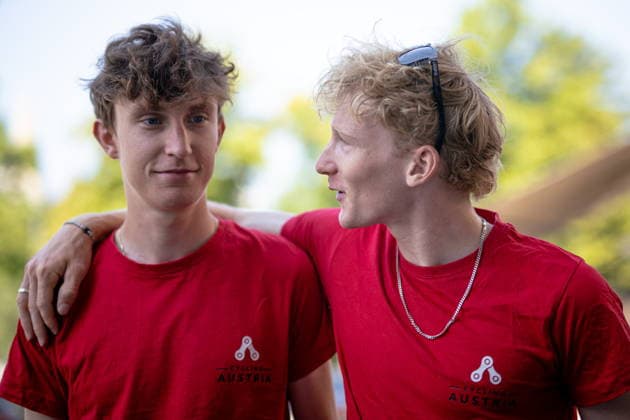 30.06.2026, Cafe Landmann, Wien, AUT, Lidl Tour of Austria 2026, PK Wien, im Bild Sebastian Putz, Team Red Bull - BORA - hansgrohe Rookies, und Alexander Hajek, Team Red Bull - BORA - hansgrohe, Sebastian Putz, Team Red Bull - BORA - hansgrohe Rookies, und Alexander Hajek, Team Red Bull - BORA - hansgrohe during the regional press conference, PK, Pressekonferenz in Vienna ahead of the 2026 Lidl Tour of Austria. Cafe Landmann in Wien, Austria on. Foto:Eibner-Pressefoto Bruns Wien *** June 30, 2026, Cafe Landmann, Vienna, Austria, Lidl Tour of Austria 2026, Vienna press conference, pictured: Sebastian Putz, Team Red Bull BORA hansgrohe Rookies, and Alexander Hajek, Team Red Bull BORA hansgrohe, Sebastian Putz, Team Red Bull BORA hansgrohe Rookies, and Alexander Hajek, Team Red Bull BORA hansgrohe, during the regional press conference in Vienna ahead of the 2026 Lidl Tour of Austria at Cafe Landmann in Vienna, Austria. Photo: Eibner, Press Photo Bruns Vienna  EP_EER