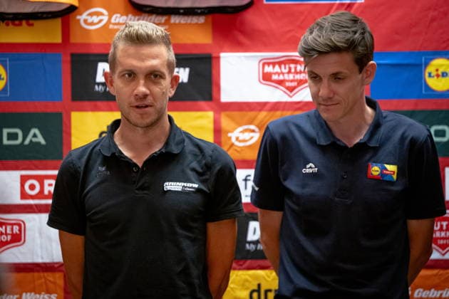 30.06.2026, Cafe Landmann, Wien, AUT, Lidl Tour of Austria 2026, PK Wien, im Bild Riccardo Zoidl, Team Hrinkow-Advarics, und Patrick Konrad, Team Lidl - Trek, Riccardo Zoidl, Team Hrinkow-Advarics, und Patrick Konrad, Team Lidl - Trek during the regional press conference, PK, Pressekonferenz in Vienna ahead of the 2026 Lidl Tour of Austria. Cafe Landmann in Wien, Austria on. Foto:Eibner-Pressefoto Bruns Wien *** June 30, 2026, Cafe Landmann, Vienna, Austria, Lidl Tour of Austria 2026, Vienna Press Conference, pictured: Riccardo Zoidl, Team Hrinkow Advarics, and Patrick Konrad, Team Lidl Trek, Riccardo Zoidl, Team Hrinkow Advarics, and Patrick Konrad, Team Lidl Trek, during the regional press conference in Vienna ahead of the 2026 Lidl Tour of Austria at Cafe Landmann in Vienna, Austria. Photo: Eibner, Press Photo Bruns Vienna  EP_EER
