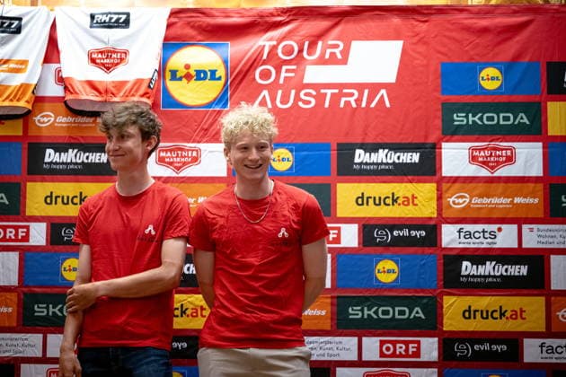 30.06.2026, Cafe Landmann, Wien, AUT, Lidl Tour of Austria 2026, PK Wien, im Bild Sebastian Putz, Team Red Bull - BORA - hansgrohe Rookies, und Alexander Hajek, Team Red Bull - BORA - hansgrohe, Sebastian Putz, Team Red Bull - BORA - hansgrohe Rookies, und Alexander Hajek, Team Red Bull - BORA - hansgrohe during the regional press conference, PK, Pressekonferenz in Vienna ahead of the 2026 Lidl Tour of Austria. Cafe Landmann in Wien, Austria on. Foto:Eibner-Pressefoto Bruns Wien *** June 30, 2026, Cafe Landmann, Vienna, Austria, Lidl Tour of Austria 2026, Vienna press conference, pictured: Sebastian Putz, Team Red Bull BORA hansgrohe Rookies, and Alexander Hajek, Team Red Bull BORA hansgrohe, Sebastian Putz, Team Red Bull BORA hansgrohe Rookies, and Alexander Hajek, Team Red Bull BORA hansgrohe, during the regional press conference in Vienna ahead of the 2026 Lidl Tour of Austria at Cafe Landmann in Vienna, Austria. Photo: Eibner, Press Photo Bruns Vienna  EP_EER