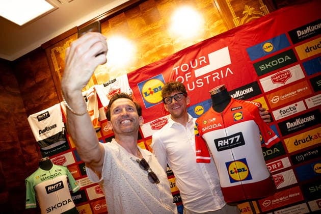 30.06.2026, Cafe Landmann, Wien, AUT, Lidl Tour of Austria 2026, PK Wien, im Bild RenÃ Haselbacher und Matthias Krizek, Team RH77, RenÃ Haselbacher und Matthias Krizek, Team RH77 during the regional press conference, PK, Pressekonferenz in Vienna ahead of the 2026 Lidl Tour of Austria. Cafe Landmann in Wien, Austria on. Foto:Eibner-Pressefoto Bruns Wien *** June 30, 2026, Cafe Landmann, Vienna, Austria, Lidl Tour of Austria 2026, Press Conference in Vienna, pictured: Renà Haselbacher and Matthias Krizek, Team RH77, Renà Haselbacher and Matthias Krizek, Team RH77, during the regional press conference in Vienna ahead of the 2026 Lidl Tour of Austria at Cafe Landmann in Vienna, Austria. Photo: Eibner, Press Photo: Bruns, Vienna  EP_EER