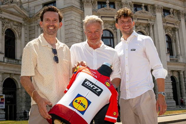 30.06.2026, Cafe Landmann, Wien, AUT, Lidl Tour of Austria 2026, PK Wien, im Bild RenÃ Haselbacher, Team RH77, Thomas Pupp, Lidl Tour of Austria Direktor, und Matthias Krizek, Team RH77, RenÃ Haselbacher, Team RH77, Thomas Pupp, Lidl Tour of Austria Direktor, und Matthias Krizek, Team RH77 during the regional press conference, PK, Pressekonferenz in Vienna ahead of the 2026 Lidl Tour of Austria. Cafe Landmann in Wien, Austria on. Foto:Eibner-Pressefoto Bruns Wien *** June 30, 2026, Cafe Landmann, Vienna, Austria, Lidl Tour of Austria 2026, Vienna press conference, pictured: René Haselbacher, Team RH77, Thomas Pupp, Director of the Lidl Tour of Austria, and Matthias Krizek, Team RH77, René Haselbacher, Team RH77, Thomas Pupp, Director of the Lidl Tour of Austria, and Matthias Krizek, Team RH77, during the regional press conference in Vienna ahead of the 2026 Lidl Tour of Austria at Cafe Landmann in Vienna, Austria. Photo: Eibner, Press Photo Bruns Vienna  EP_EER