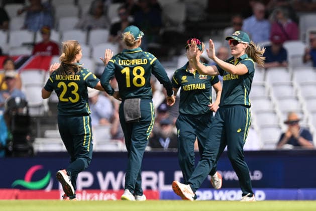 Australia Women v West Indies Women, ICC Women s T20 World Cup, Semi-Final Wicket - Annabel Sutherland of Australia celebrates catching Chinelle Henry of West Indies off the bowling of Sophie Molineux of Australia during the ICC Women s T20 World Cup semi final match between Australia Women and West Indies Women at the Oval, London, UK on 30 June 2026. London Oval London UK Editorial use only , Copyright: xGrahamxHuntx PSI-24453-0049