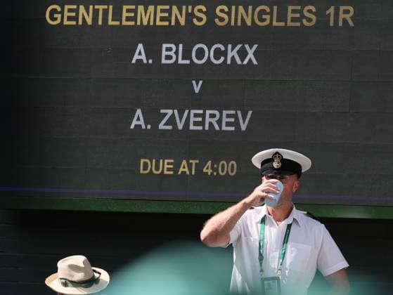 The board with the name of players ahead of a first round game between Belgian Blockx and German Zverev in the Men s singles at the Wimbledon grand slam tennis tournament in London, Britain, Tuesday 30 June 2026. BENOITxDOPPAGNE  x180009460x