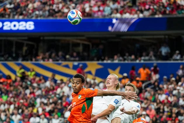 World Cup 2026: Ivory Coast - Norway Arlington, Texas , USA 20260630. Norway s Erling Braut Haaland and Norway s Torbjorn Heggem during the round of 16 match between Ivory Coast and Norway during the 2026 FIFA World Cup, WM, Weltmeisterschaft, Fussball at Dallas Stadium. Photo: Fredrik Varfjell NTB Arlington, Texas United States EDITORIAL USE ONLY. RESTRICTED USE FOR BETTING COMPANIES Ref:_SPOYLMMBpOvJEM.jpg *** 2026 World Cup: Ivory Coast vs. Norway, Arlington, Texas, USA 20260630 Norway’s Erling Braut Haaland and Norway’s Torbjorn Heggem during the Round of 16 match between Ivory Coast and Norway at the 2026 FIFA World Cup at Dallas Stadium. Photo: Fredrik Varfjell, NTB. Arlington, Texas, United States. EDITORIAL USE ONLY. RESTRICTED USE FOR BETTING COMPANIES  Copyright: xFredrikxVarfjellx xNTBx