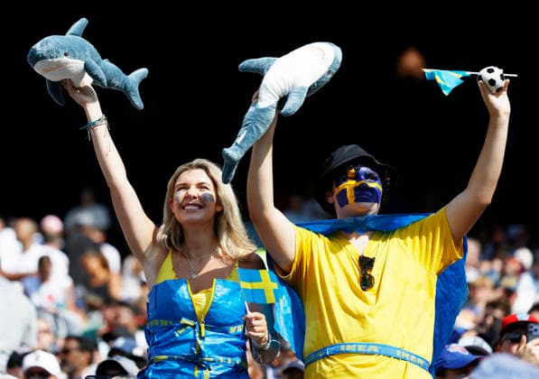 Fans of the Sweden team show their support before the start of their FIFA World Cup, WM, Weltmeisterschaft, Fussball match against France at New York New Jersey Stadium in East Rutherford, New Jersey, on Tuesday, June 30, 2026.  NYP20260630902 JOHNxANGELILLO