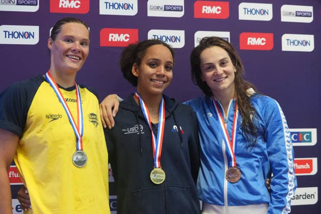 Natation - Championnat de France 30 06 2026 FINALES Pauline Mahieu of CANET 66 NATATION . Mary - Ambre Molluh of U.S CRETEIL NATATION and Beryl Gastaldello of Montpellier Metropole Natation during the Podium 100m Backstroke Women of the French Swimming Championships at the Raymond Sommet Olympic Pool in Saint-Etienne on June30, 2026 photos by Laurent Lairys , Saint EtienneFrance  Copyright: xLaurentxLairysx