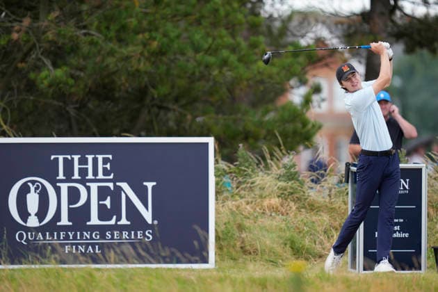 CROSBY, ENGLAND - JUNE 30: Emil Riegger plays from the first tee during round one of the Final Qualifying for The Open Championship at West Lancashire Golf Club, Crosby on June 30, 2026 in Crosby, Merseyside, England The 2026 Open Championship Qualifying