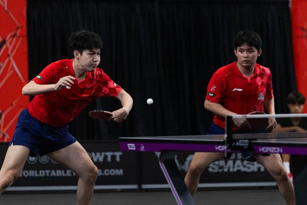 LOS ANGELES, CALIFORNIA - JUNE 30: Lin Shidong and Huang Youzheng of China compete in the Men s Doubles Round of 16 match against Eduard Ionescu and Darius Movileanu of Romania on day 5 of United States Smash 2026 at Ontario Convention Center on June 30, 2026 in Los Angeles, California.  Copyright: xVCGx 111651517799