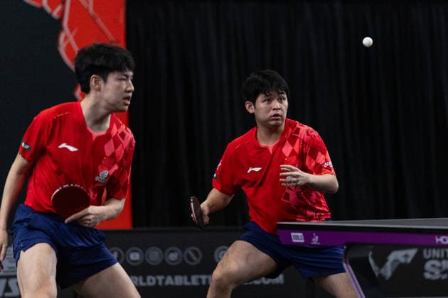 LOS ANGELES, CALIFORNIA - JUNE 30: Lin Shidong and Huang Youzheng of China compete in the Men s Doubles Round of 16 match against Eduard Ionescu and Darius Movileanu of Romania on day 5 of United States Smash 2026 at Ontario Convention Center on June 30, 2026 in Los Angeles, California.  Copyright: xVCGx 111651517800