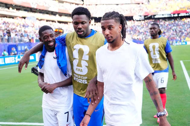 June 30, 2026, East Rutherford, New Jersey, United States: Michael Olise, Ousmane Dembele and Marcus Thuram of France celebrate the victory during the FIFA World Cup, WM, Weltmeisterschaft, Fussball 2026 Round Of 32 match between France and Sweden at New York New Jersey Stadium on June 30, 2026 in East Rutherford, New Jersey. France V Sweden: Round Of 32 - FIFA World Cup 2026  - ZUMAa181 20260630_zaa_a181_194 Copyright: xJosexBretonx
