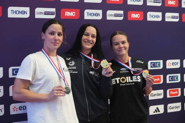 Natation - Championnat de France 30 06 2026 FINALES DUPONT Zia of ANGERS NATATION , VASQUEZ Lucie of ES MASSY NATATION and GIRAUDEAU Melina of ETOILES 92 during the Podium 200 m Breaststroke Women of the French Swimming Championships at the Raymond Sommet Olympic Pool in Saint-Etienne on June30, 2026 photos by Laurent Lairys , Saint EtienneFrance  Copyright: xLaurentxLairysx