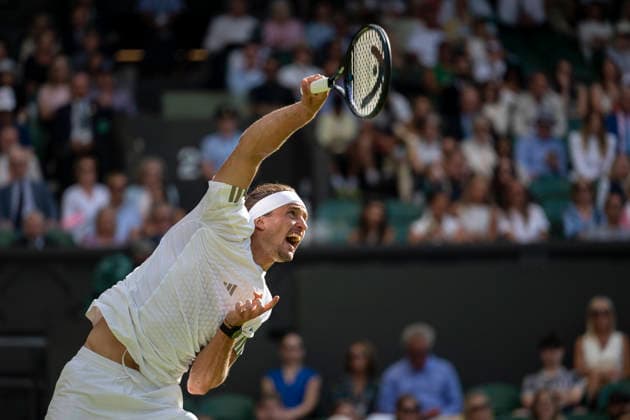 (260701) -- LONDON, July 1, 2026 -- Alexander Zverev of Germany serves during the men s singles first round match against Alexander Blockx of Belgium at Wimbledon tennis Championship in London, Britain, on June 30, 2026. (Photo by Xinhua) (SP)BRITAIN-LONDON-TENNIS-WIMBLEDON-MEN S SINGLES StephenxChung 