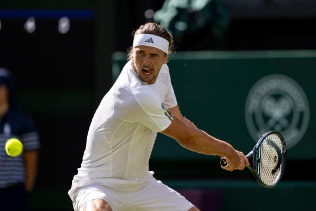 (260701) -- LONDON, July 1, 2026 -- Alexander Zverev of Germany returns the ball during the men s singles first round match against Alexander Blockx of Belgium at Wimbledon tennis Championship in London, Britain, on June 30, 2026. (Photo by Xinhua) (SP)BRITAIN-LONDON-TENNIS-WIMBLEDON-MEN S SINGLES StephenxChung 