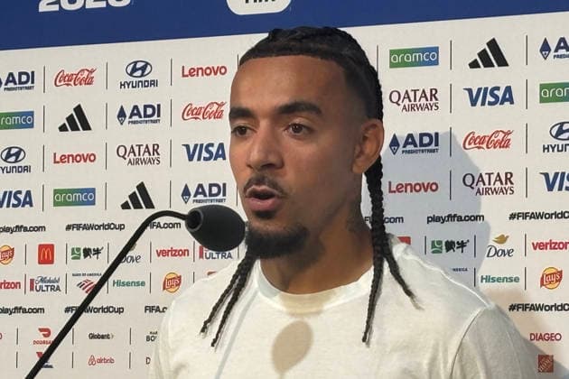 Malo Gusto of France speaks at a press conference, PK, Pressekonferenz where he stated that the team wants to help Kylian Mbappe surpass Lionel Messi s all-time World Cup scoring record, in East Rutherford, NJ, USA, 30 June 2026. Malo Gusto: We want to help Mbappé surpass Messi, of course !ACHTUNG: NUR REDAKTIONELLE NUTZUNG!  Copyright: xJanxTéllezxAsensiox AME6302 20260701-55020760111_1