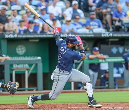 JUNE 30, 2026: Tampa Bay Rays designated hitter Yandy DoÂ­az (2) hits a single in the 4th inning against the Kansas City Royals at Kauffman Stadium in Kansas City, MO. CSM Kansas City United States - ZUMAc04_ 20260630_zma_c04_168 Copyright: xRomanxPunox