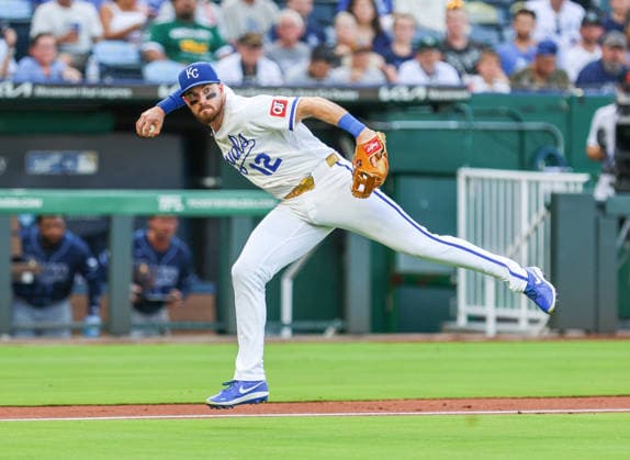 JUNE 30, 2026: Kansas City Royals infielder Nick Loftin (12) fields a ground ball and throws to first base against the Tampa Bay Rays at Kauffman Stadium in Kansas City, MO. CSM MLB, Baseball Herren, USA 2026: Rays Vs Royals June 30  - ZUMAc04_ 20260630_zma_c04_191 Copyright: xRomanxPunox
