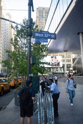 June 30, 2026, New York City, New York, USA: The New York City Department of Transportation hung orange and blue signs with the names and jersey numbers of each New York Knick basketball player at intersections along Sixth and Seventh Avenues in New York City. Knicks player Karl-Anthony Towns honored West 32nd street and Seventh Avenue. New York City USA - ZUMAt442 20260630_znp_t442_008 Copyright: xBillyxTompkinsx