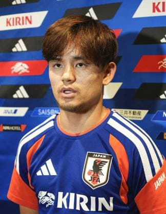 Football: 2026 World Cup Japan s Takefusa Kubo meets the press in Houston on June 30, 2026, following the team s 2-1 loss to Brazil in a World Cup round of 32 football match the previous day. (Pool photo)  A14AA0005621052P