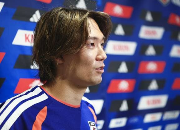Football: 2026 World Cup Japan captain Ko Itakura meets the press in Houston on June 30, 2026, following the team s 2-1 loss to Brazil in a World Cup round of 32 football match the previous day. (Pool photo)  A14AA0005621057P