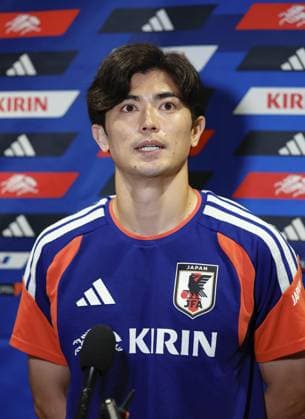 Football: 2026 World Cup Japan s Shogo Taniguchi meets the press in Houston on June 30, 2026, following the team s 2-1 loss to Brazil in a World Cup round of 32 football match the previous day.  A14AA0005621066P