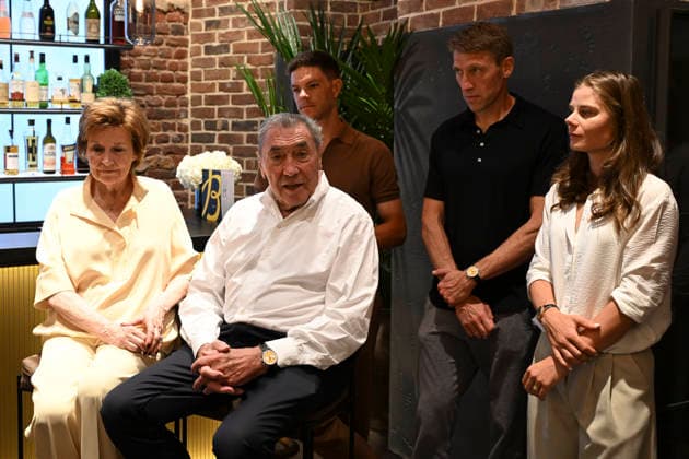 Eddy Merckx - Top Time Breitling Brussels, 30 06 2026 : Breitling pays tribute to Belgian cycling legend Eddy Merckx with a watch inspired by an era when the chronograph accompanied not only pilots and adventurers, but also road champions. Pix : Claudine Acou , Eddy Merckx , Jasper Stuyven , Axel Merckx , Lotte Kopecky . Credit : Peter De Smedt CC . Brussels Belgium  Copyright: xContentxCurationx PeterxDexSmedtx xCCx