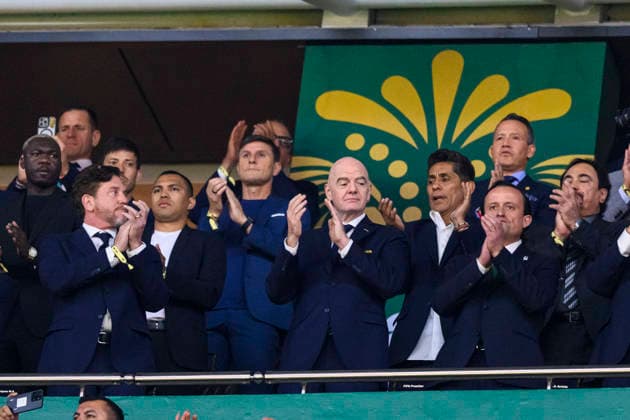 June 30, 2026, Peru: (L-R) CONMEBOL President Alejandro Dominguez, FIFA President Gianni Infantino and Mexican Football Federation Mikel Arriola PeoÂ±alosa applaud prior to the during the FIFA World Cup, WM, Weltmeisterschaft, Fussball 2026 match between Mexico and Ecuador. Mexico hosted Ecuador at Mexico City Stadium on June 20, 2026 in Mexico City, Mexico Peru - ZUMAf196 20260630_zsp_f196_003 Copyright: xMartinxFonsecax