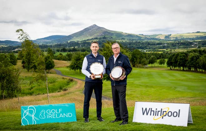 REPRO FREE *PRESS RELEASE NO REPRODUCTION FEE* EDITORIAL USE ONLY Golf Ireland Announce New Three-Year Partnership With Whirlpool, Dun Laoghaire Golf Club, Dublin 1 7 2026 Golf Ireland CEO Mark Kennelly and Beko Ireland Marketing Manager Shane O Connor were in Dun Laoghaire today, as Golf Ireland announced a new three-year partnership with leading household appliance brand Whirlpool which will see significant support for its championships and wider programmes. Whirlpool will become an official partner of Golf Ireland and its official appliance partner, with naming rights secured across established events and initiatives within the calendar. The partnership was launched during the opening round of the Whirlpool Irish Senior Women s Open Championship & Irish Senior Men s Amateur Close Championship. Mark Kennelly and Shane O Connor 1 7 2026  Copyright: xx AC016847 copy