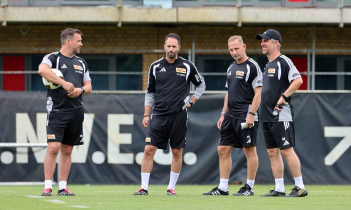 Co Trainer Enrico Schirinzi, Co Trainer Michel Renggli, Trainer Mauro Lustrinelli , Co Trainer Sebastian Bönig Auftakttraining Fußball Fussball Training Bundesliga Herren DFL Saison 2026 2027 01.07.2026 1.FC Union Berlin FCU DFL regulations prohibit any use of photographs as image sequences and or quasi-video. *** Assistant Coach Enrico Schirinzi, Assistant Coach Michel Renggli, Head Coach Mauro Lustrinelli, Assistant Coach Sebastian Bönig, Kickoff Training, Sports, Soccer, Soccer Training, Bundesliga, Men’s, DFL, Season 2026–2027, January 7, 2026, 1. FC Union Berlin (FCU). DFL regulations prohibit any use of photographs as image sequences and or quasi-video.
