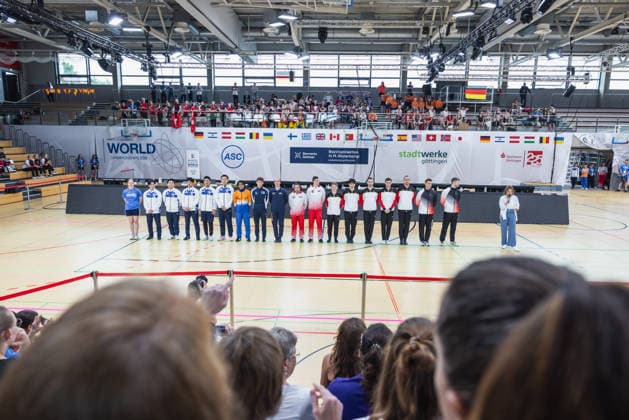Wheel Gymnastics World Championships 2026 Rhönrad Weltmeisterschaft 2026. Deutschland, Göttingen am 01. Juli 2026: Tag eins der Weltmeisterschaft in Rhönrad mit über 250 Athletinnen und Athleten aus 17 Nationen. Im Bild, Teilnehmer der Gym Wheel (Rhönrad) Senior All around Semi-Finals Men (Halbfinale Männer). *** 2026 World Championships in Wheel Gymnastics, 2026 Rhönrad World Championships, Germany, Göttingen on July 1, 2026—Day one of the Rhönrad World Championships with over 250 athletes from 17 nations. Pictured: Participants in the Gym Wheel Rhönrad Senior All-Around Semifinals—Men’s Semifinals