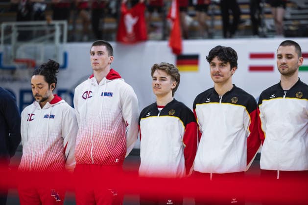 Wheel Gymnastics World Championships 2026 Rhönrad Weltmeisterschaft 2026. Deutschland, Göttingen am 01. Juli 2026: Tag eins der Weltmeisterschaft in Rhönrad mit über 250 Athletinnen und Athleten aus 17 Nationen. Im Bild, Teilnehmer der Gym Wheel (Rhönrad) Senior All around Semi-Finals Men (Halbfinale Männer). *** 2026 World Championships in Wheel Gymnastics, 2026 Rhönrad World Championships, Germany, Göttingen on July 1, 2026—Day one of the Rhönrad World Championships with over 250 athletes from 17 nations. Pictured: Participants in the Gym Wheel Rhönrad Senior All-Around Semifinals—Men’s Semifinals