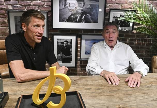 New Top Time Eddy Merckx From Breitling BRUSSELS, BELGIUM - JUNE 30 Eddy Merckx is pictured with Axel Merckx during an exclusive launch of the new Top Time Eddy Merckx from watch brand Breitling. Today, Breitling pays tribute to the Belgian cycling legend with a watch inspired by an era when the chronograph accompanied not only pilots and adventurers, but also champions on the road. on June 30, 2026 in Brussels, Belgium, 30 06 2026 Brussels Belgium  Copyright: xBertxVanxDenxBrouckex