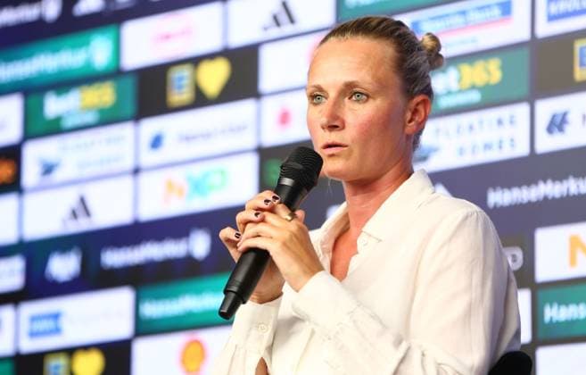 01.07.2026, xcex, GER, Hamburg, Volksparkstadion, Fussball, 1. Bundesliga, Saison 2026 2027, HSV, Hamburger Sportverein, Pressekonferenz anlaesslich der Vorstellung der neuen HSV-Sportvorstaendin Kathleen Krueger beim HSV DFL regulations prohibit any use of photographs as image sequences and or quasi-video *** July 1, 2026, xcex, GER, Hamburg, Volksparkstadion, Soccer, Bundesliga 1, 2026–2027 season, HSV, Hamburger Sportverein, press conference marking the introduction of HSV’s new sporting director, Kathleen Krueger; DFL regulations prohibit any use of photographs as image sequences and or quasi-video