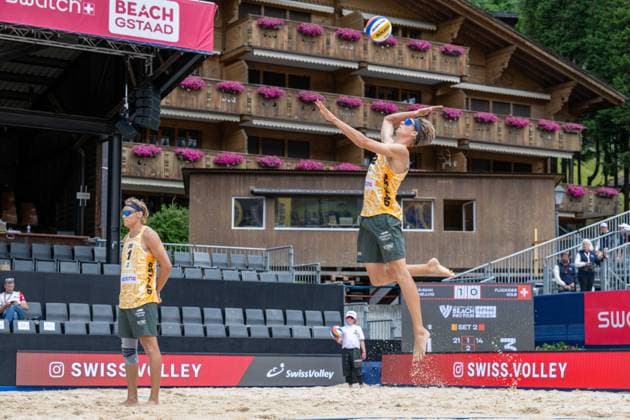 GSTAAD, SWITZERLAND - JULY 1: David Ahman (Player No. 1, SWE); Jonatan Hellvig (Player No. 2, SWE) during the Beach Pro Tour - Elite 16 at Gstaad on July 1, 2026 in Gstaad, Switzerland. Switzerland Copyright: xPeterxWeberx