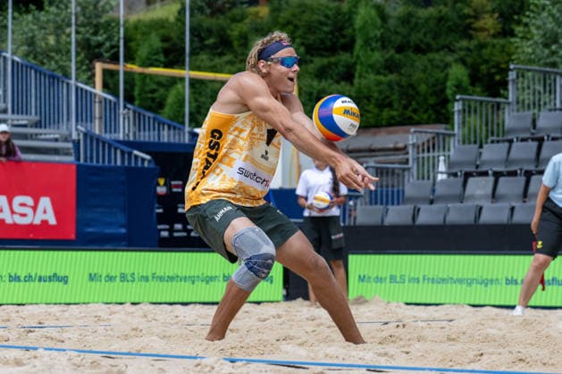 GSTAAD, SWITZERLAND - JULY 1: Jonatan Hellvig (Player No. 2, SWE) during the Beach Pro Tour - Elite 16 at Gstaad on July 1, 2026 in Gstaad, Switzerland. Switzerland Copyright: xPeterxWeberx