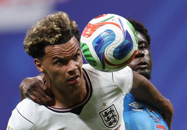(260702) -- ATLANTA, July 2, 2026 -- Nathanael Mbuku (R) of the Democratic Republic of the Congo (DRC) vies with Nico O Reilly of England during the round of 32 match between England and the Democratic Republic of the Congo (DRC) at the 2026 FIFA World Cup, WM, Weltmeisterschaft, Fussball at Atlanta Stadium in Atlanta, the United States, July 1, 2026. ) (SP)U.S.-ATLANTA-FOOTBALL-FIFA WORLD CUP-ROUND OF 32-ENG VS COD ZhangxChen 