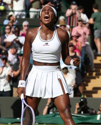 American Coco Gauff celebrates victory in her match against Argentinian Solana Sierra on day three of the 2026 Wimbledon Championships in London on Wednesday, June 01, 2026. Gauff won the match 6-3,3-6.7-6  LON2026070156 HUGOxPHILPOTT