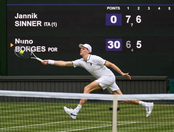 2026 Wimbledon, July 01, Day 3 LONDON, - JULY 1: Jannik Sinner of Italy plays a shot against Nuno Borges of Portugal during the 2026 Wimbledon, July 01, Day 3 at The all England club, Wimbledon on July 1, 2026 in London,GBR. London The all England club, Wimbledon GBR Copyright: xPeterxvanxdenxBerg ISIxPhotosx 9441
