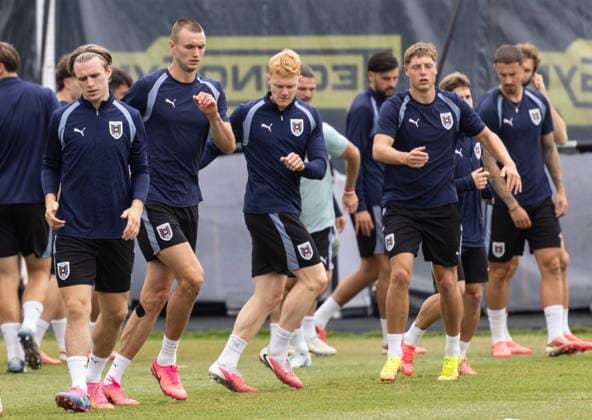 FOOTBALL - FIFA World Cup, WM, Weltmeisterschaft, Fussball 2026 SANTA BARBARA,CALIFORNIA,USA,01.JUL.26 - FOOTBALL - FIFA World Cup 2026, round of 32, Spain vs Austria, preview, training team AUT. Image shows Patrick Wimmer, Sasa Kalajdzic, Nicolas Seiwald and Alexander Prass (AUT).  GEPAxpictures xArminxRauthner