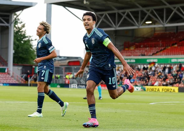 Wrexham, Wales, 1st July 2026. Francis Onyeka of Germany celebrates scoring their sides first goal during the Wales U19 vs Germany U19 UEFA European U19 Championship match at The Racecourse, Wrexham. Picture credit should read: Cody Froggatt Sportimage EDITORIAL USE ONLY. No use with unauthorised audio, video, data, fixture lists, club league logos or live services. Online in-match use limited to 120 images, no video emulation. No use in betting, games or single club league player publications. SPI_013_CF_WALES_U19_V_GERMANY_U19 SPI-4854-0013