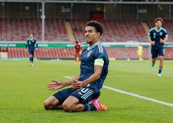Wrexham, Wales, 1st July 2026. Francis Onyeka of Germany celebrates scoring their sides first goal during the Wales U19 vs Germany U19 UEFA European U19 Championship match at The Racecourse, Wrexham. Picture credit should read: Cody Froggatt Sportimage EDITORIAL USE ONLY. No use with unauthorised audio, video, data, fixture lists, club league logos or live services. Online in-match use limited to 120 images, no video emulation. No use in betting, games or single club league player publications. SPI_015_CF_WALES_U19_V_GERMANY_U19 SPI-4854-0015