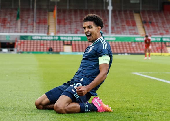 Wrexham, Wales, 1st July 2026. Francis Onyeka of Germany celebrates scoring their sides first goal during the Wales U19 vs Germany U19 UEFA European U19 Championship match at The Racecourse, Wrexham. Picture credit should read: Cody Froggatt Sportimage EDITORIAL USE ONLY. No use with unauthorised audio, video, data, fixture lists, club league logos or live services. Online in-match use limited to 120 images, no video emulation. No use in betting, games or single club league player publications. SPI_016_CF_WALES_U19_V_GERMANY_U19 SPI-4854-0016