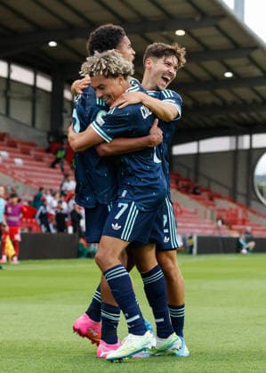 Wrexham, Wales, 1st July 2026. Francis Onyeka of Germany celebrates scoring their sides first goal during the Wales U19 vs Germany U19 UEFA European U19 Championship match at The Racecourse, Wrexham. Picture credit should read: Cody Froggatt Sportimage EDITORIAL USE ONLY. No use with unauthorised audio, video, data, fixture lists, club league logos or live services. Online in-match use limited to 120 images, no video emulation. No use in betting, games or single club league player publications. SPI_018_CF_WALES_U19_V_GERMANY_U19 SPI-4854-0017