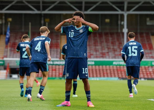 Wrexham, Wales, 1st July 2026. Francis Onyeka of Germany celebrates scoring their sides first goal during the Wales U19 vs Germany U19 UEFA European U19 Championship match at The Racecourse, Wrexham. Picture credit should read: Cody Froggatt Sportimage EDITORIAL USE ONLY. No use with unauthorised audio, video, data, fixture lists, club league logos or live services. Online in-match use limited to 120 images, no video emulation. No use in betting, games or single club league player publications. SPI_019_CF_WALES_U19_V_GERMANY_U19 SPI-4854-0019
