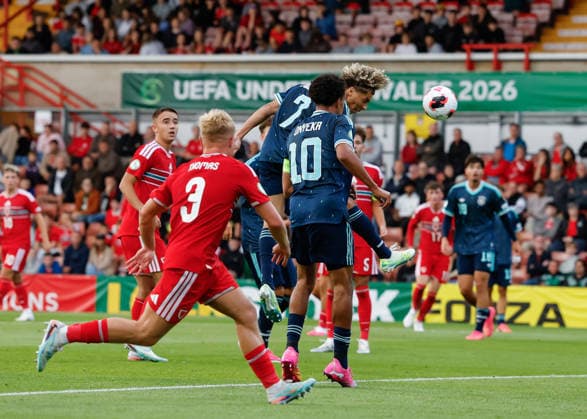 Wrexham, Wales, 1st July 2026. Montrell Culbreath of Germany scores their sides second goal during the Wales U19 vs Germany U19 UEFA European U19 Championship match at The Racecourse, Wrexham. Picture credit should read: Cody Froggatt Sportimage EDITORIAL USE ONLY. No use with unauthorised audio, video, data, fixture lists, club league logos or live services. Online in-match use limited to 120 images, no video emulation. No use in betting, games or single club league player publications. SPI_020_CF_WALES_U19_V_GERMANY_U19 SPI-4854-0020