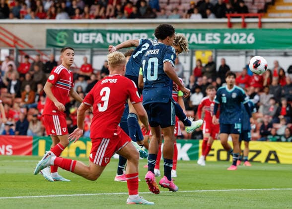 Wrexham, Wales, 1st July 2026. Montrell Culbreath of Germany scores their sides second goal during the Wales U19 vs Germany U19 UEFA European U19 Championship match at The Racecourse, Wrexham. Picture credit should read: Cody Froggatt Sportimage EDITORIAL USE ONLY. No use with unauthorised audio, video, data, fixture lists, club league logos or live services. Online in-match use limited to 120 images, no video emulation. No use in betting, games or single club league player publications. SPI_021_CF_WALES_U19_V_GERMANY_U19 SPI-4854-0021