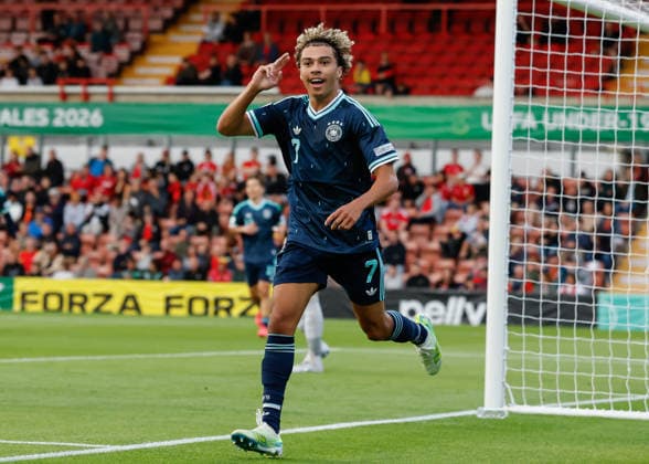 Wrexham, Wales, 1st July 2026. Montrell Culbreath of Germany celebrates scoring their sides second goal during the Wales U19 vs Germany U19 UEFA European U19 Championship match at The Racecourse, Wrexham. Picture credit should read: Cody Froggatt Sportimage EDITORIAL USE ONLY. No use with unauthorised audio, video, data, fixture lists, club league logos or live services. Online in-match use limited to 120 images, no video emulation. No use in betting, games or single club league player publications. SPI_022_CF_WALES_U19_V_GERMANY_U19 SPI-4854-0022